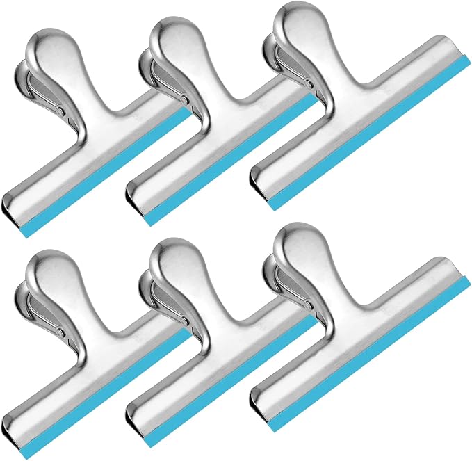 HOUSE AGAIN 6 Pack Stainless Steel Large Chip Bag Clips Covered with Silicone - NO More Sharp Edges - Color Coded for Food Bags - Air Tight Seal, Heavy Duty for Kitchen and Office, 5 Inches, Blue
