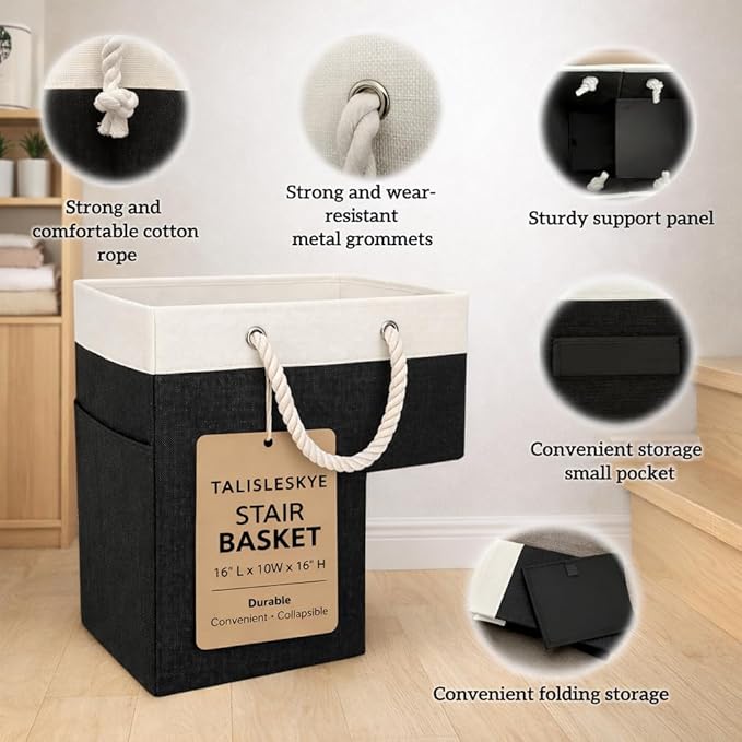 Stair basket,Foldable staircase baskets,Step stairs storage baskets with handle,1pcs black