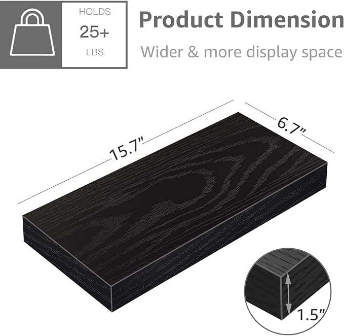 QEEIG Floating Shelves for Wall Bathroom Shelf Bedroom Kitchen Living Room Farmhouse Small Book Shelf 16 inch Set of 2, Black (015-B2)