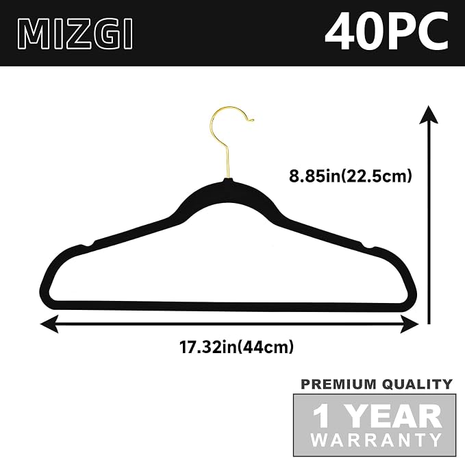 MIZGI Premium Velvet Hangers Pack 40 Pcs Heavy Duty - Non Slip Felt Hangers - Velvet Suit Hangers Black with Gold Hooks,Space Saving Clothes Hangers