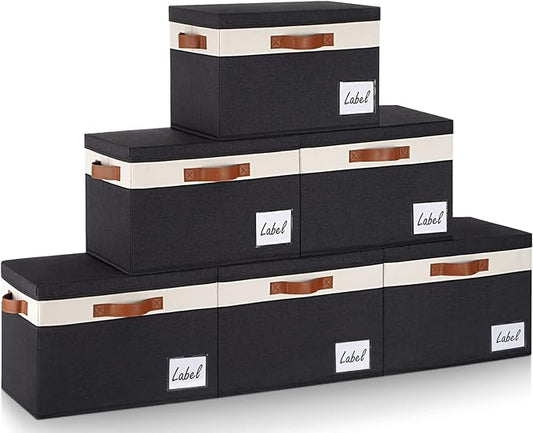 GhvyenntteS Fabric Storage Bins with Lids 6 Pack, Foldable Fabric Storage Baskets with Lid and Handles, Large Closet Organizers and Storage boxes with Label for Home Office (Black, 15" x 11" x 9.7")