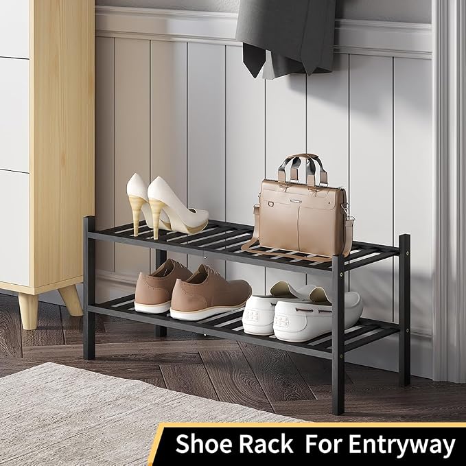 Shoe Rack, 2-Tier Bamboo Stackable Shoe Shelf Storage Organizer, Shoe Stand for Closet, Entryway and Hallway