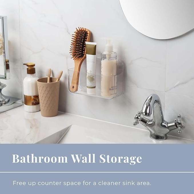 No-Drill Wall Organizer Bin – Clear Removable Adhesive Storage Box with Drain Holes, PET Plastic, Ideal for Small Items in Kitchen, Bathroom, Cabinet Door – Sandra Series