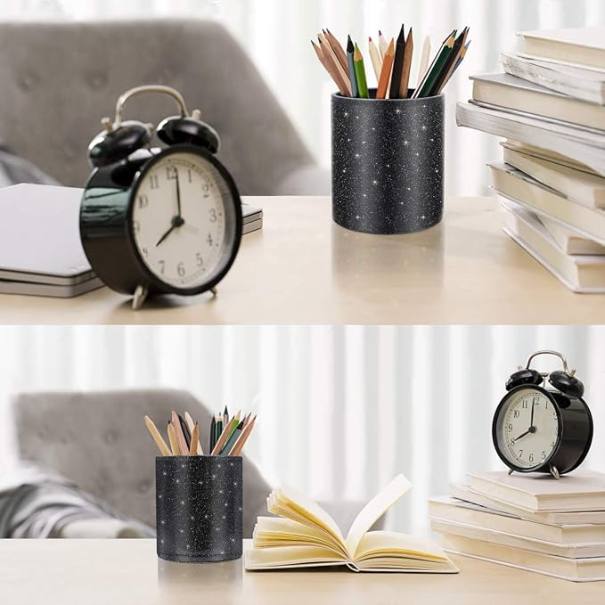 Pen Holder for Desk,Stand for Office Luxury Glitter Pencil Cup for Women Men Leather Organizer for Adult Teen, Black