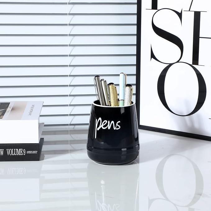 LEETOYI Ceramic Farmhouse Pen Holder for Desk, Pencil Organizer 16oz (Black)