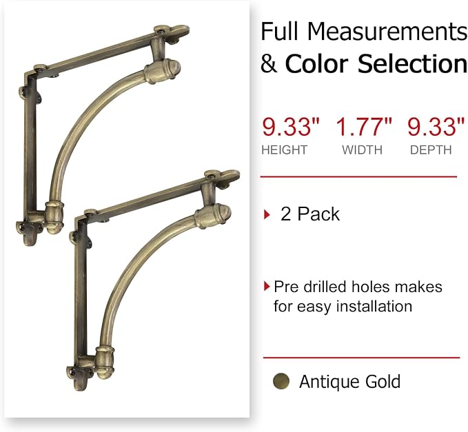 NACH Decorative Shelf Brackets, 2 Pack of 9.6 x 1.7 x 9.6 inch Gold Brackets - Cast Iron Shelf Brackets for Mounting - Industrial Style Decorative Brackets