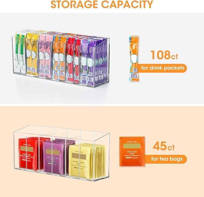 AIEVE Drink Packet Organizer, Water Drink Packet Holder with Removable Divider, Water Flavor Packet Organization Container for Kitchen Organizers and Storage (6 Compartments)