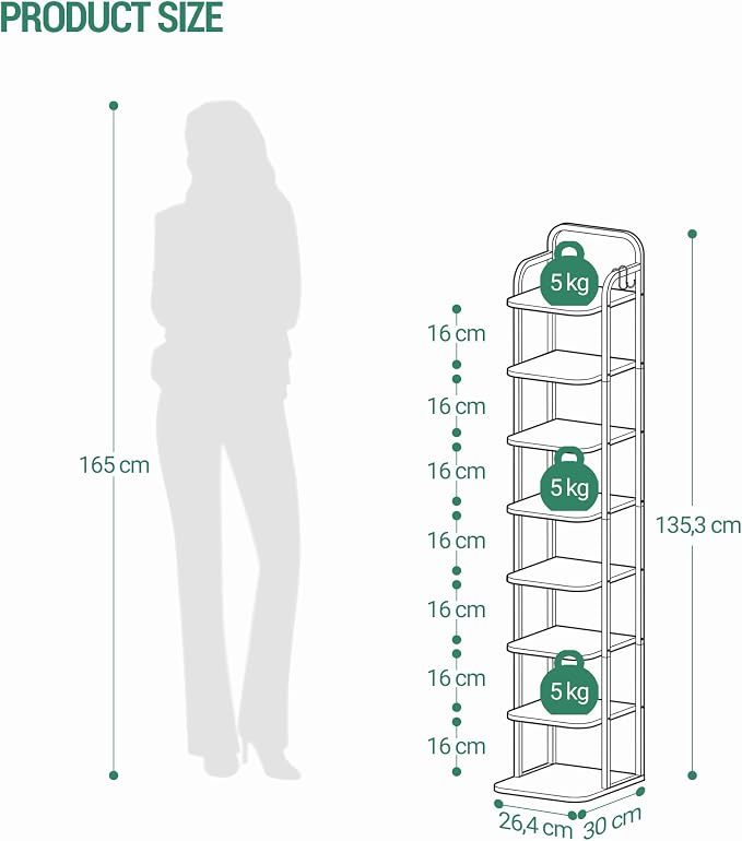Hzuaneri 8 Tiers Vertical Shoe Rack, Narrow Shoe Tower, Tall Shoes Shelf with 2 Hooks, Adjustable Shelves, Corner Shoes Shelves for Small Spaces, Entryway, Living Room, White SR04313W