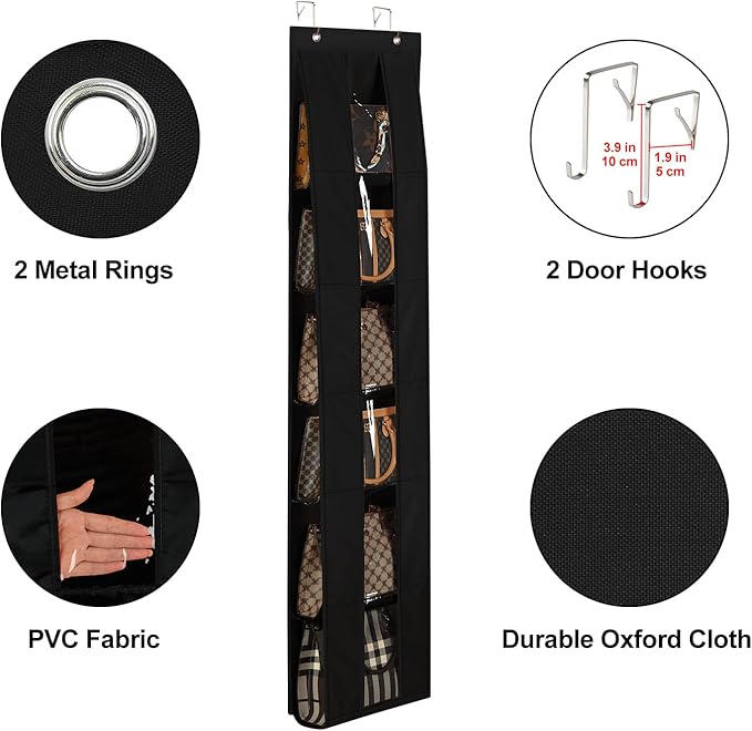 Lirex Over The Door Purse Organizer, Space-Saving Medium and Large Handbag Storage Organizer Clothing Closet Hanger, Black