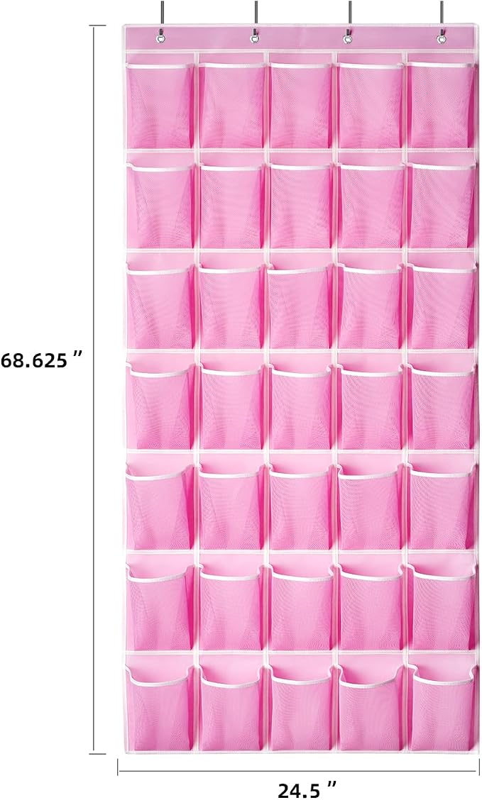 SAVERHO 35 Pockets Over the Door Shoe Organizer, Hanging Shoe Organizer for Door with 35 Mesh Pockets Large Capacity Shoe Hanging Storage Bag with 4 Metal Hooks (Pink-1Pack)