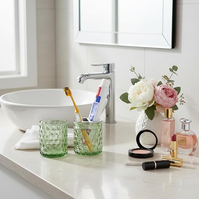 2pcs Toothbrush Holders for Bathrooms,Glass Toothbrush Holder and Bathroom Tumbler Set,Toothbrush and Toothpaste Holder with Divider,Bathroom Toothbrush Cup Holder (Green and Silver)