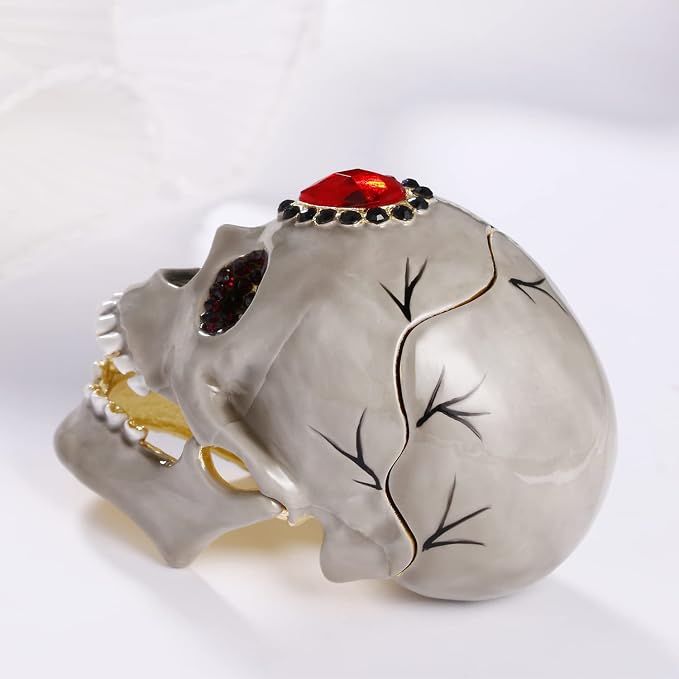 Hand Painted Animal Trinket Box for Home Decor, Hinged Jewelry Organizer Storage, Unique Personalized Collectible Keepsake Figurine Handmade Decorative Ornament Gifts (Skull Head)