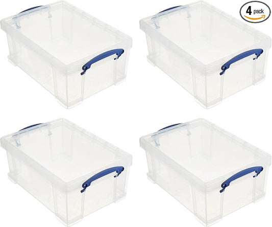 Really Useful Box Stackable 9 Liter Plastic Storage Container Bin with Snap Lid and Built-in Clip Lock Handles for Home & Office Organization (4 Pack)