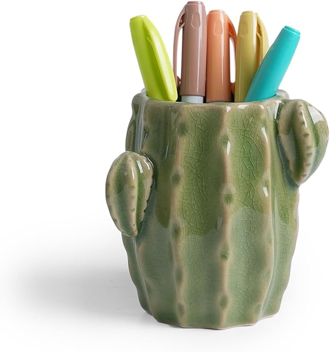 Ceramic Cactus Pen Holder, Cactus Decor Cute Pencil Holder, Makeup Brush Holder for Home, Office Desk Accessories(Light Green Cactus)