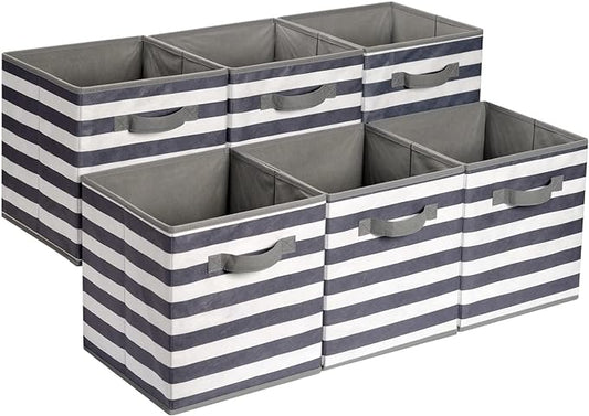 Amazon Basics Collapsible Fabric Storage Bins with Handles, Cube Organizer for Organizing, 13"x13"x13", White/Light Grey Stripe, 6-Pack