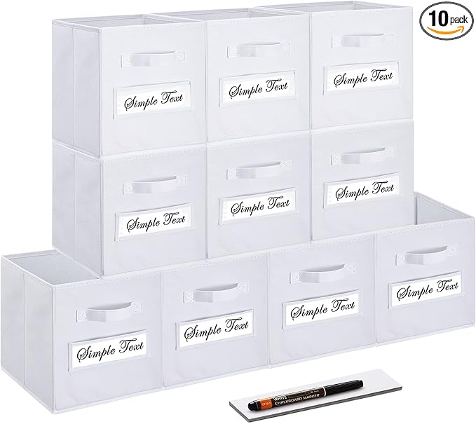 Fabric storage cubes (Set of 10) 11 Inch Cube Storage Bin, cube storage with 8 Labels Window Cards & a Pen, Foldable cube organizer bins, 11x11 storage bin, Cubby Organizer bins, White