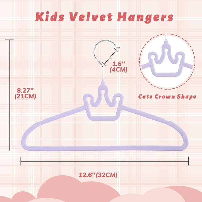 ManGotree Baby Velvet Hangers, Non-Slip Felt Kids Clothes Hanger, 12.6" Cute Crown Hanger for Closet, Space Saving Toddler Hangers for Children's Clothes (20 Pack, Purple)