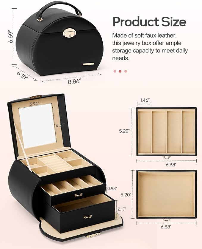 Homde Girls Jewelry Box Jewelry Storage Case Organizer with Mirror for Rings, Earrings, Bracelets, Necklaces (Black + Gold)