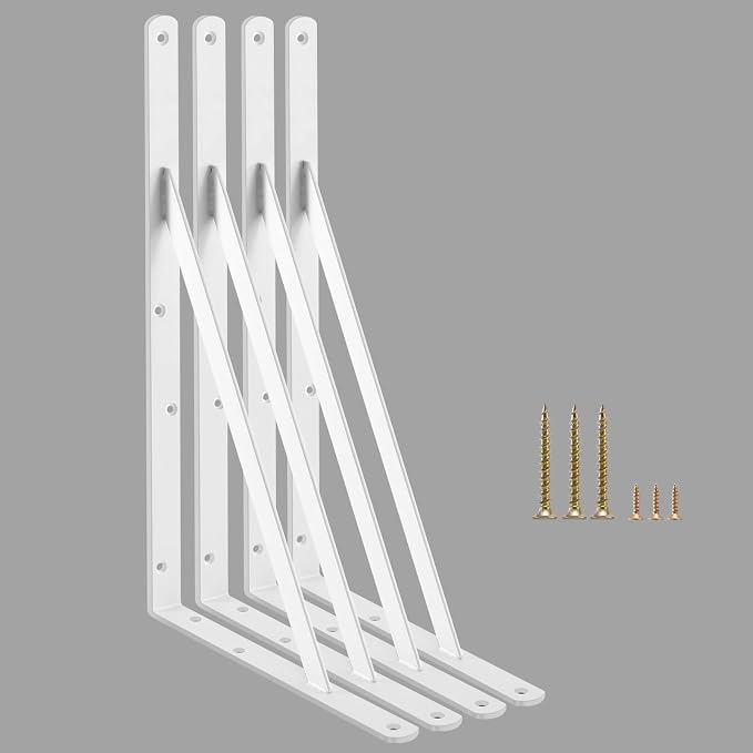 4 Pack L18 x H 12" White Heavy Duty Shelf Brackets with Screws Metal Shelf Brackets Shelf Support Angle Brackets for Shelves L Brackets Heavy Duty Floating Shelf