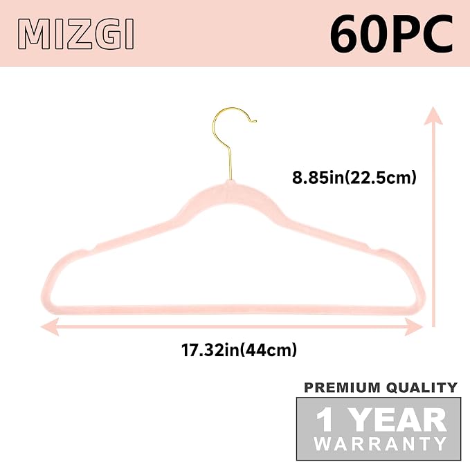 MIZGI Premium Velvet Hangers Pack 60 Pcs Heavyduty - Non Slip Slimline - Velvet Suit Hangers Blush Pink - Gold Hooks,Space Saving Clothes Hangers