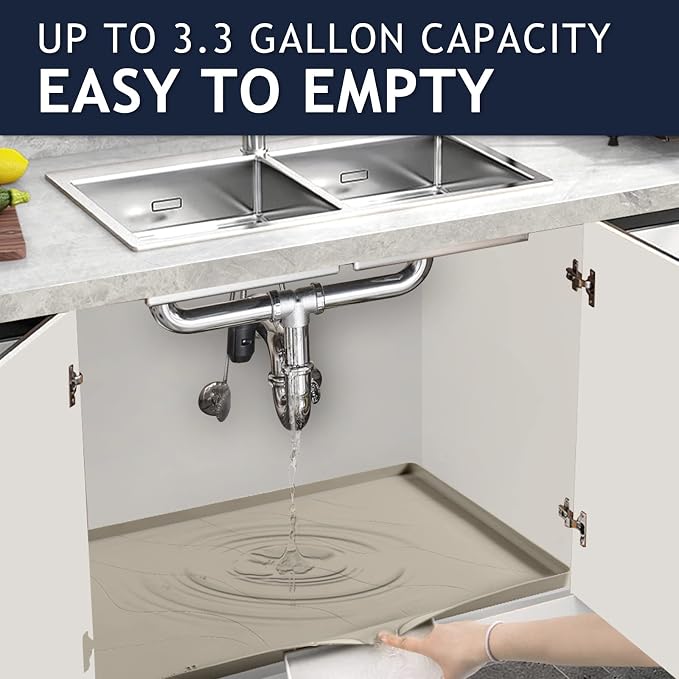 Heavy Duty Silicone Under Sink Mats for Kitchen Waterproof 40" x 22", Extra Thick Under Sink Rubber Mat Drip Tray, Raised Edge Under Sink Liner,Prevent Drips, Leaks, Spills,Brown