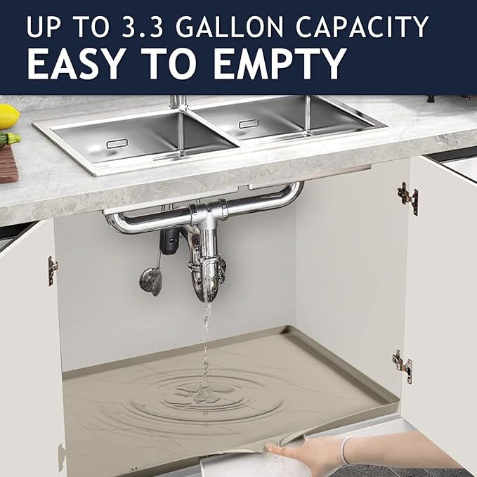 Heavy Duty Silicone Under Sink Mat for Kitchen&Bathroom 25" x 19", Waterproof Under Sink Rubber Mat Drip Tray, Raised Edge Under Sink Liner,Prevent Drips, Leaks, Spills,Brown