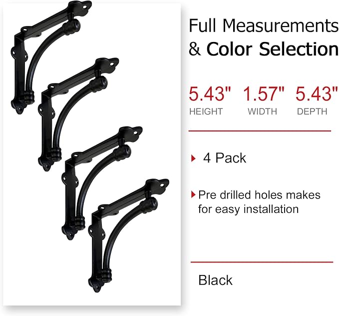 NACH Decorative Shelf Brackets, 4 Pack of 5.25 x 1.25 x 5.25 inch Black Cast Iron Shelf Brackets - Decorative Brackets for Mounting - Industrial Style Brackets