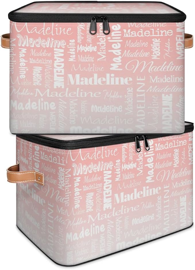 Custom Storage Basket with Name, Personalized Keepsake Box with Zipper Lid, Foldable Fabric Memory Bin Large capacity with Handle Pink White