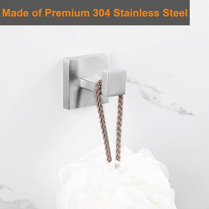 Nolimas Towel Hook Stainless Steel Bathroom Rustproof Clothes Towel Coat Hook Wall Mounted Square Toilet Kitchen, Heavy Duty Door Hanger, 1 Pack, Brushed Nickel