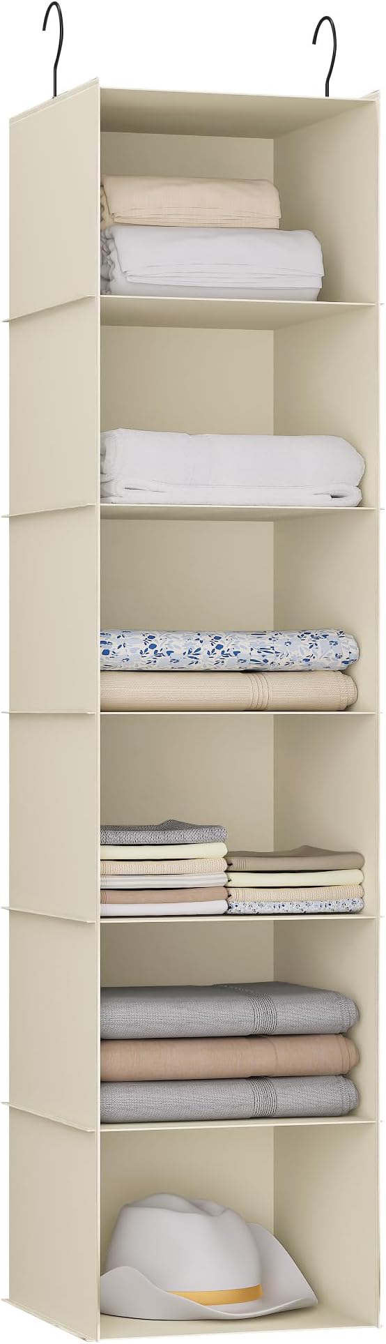 Hanging Closet Organizer 6-Shelf, Oxford Fabric Wardrobe Storage, Beige | Easy-mount foldable design holds clothes, handbags, shoes & accessories; washable Oxford fabric, sturdy and space-saving.
