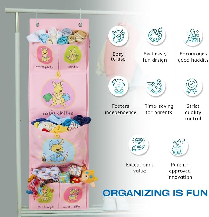 Room Hanging Storage Organizer, Fun & Colorful Storage & Organization for Clothes, Toys, & More. Wall & Door Attachable, Water-Resistant. Ideal for Kids' Room, Locker Kindergarten or Playroom (Pink)