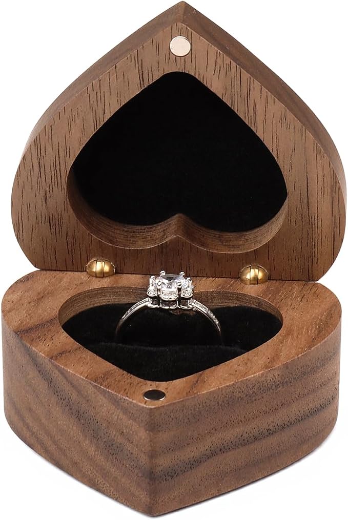 Engagement Proposal Ring Box Secret Slim Engraved Wooden Heart Case | Engrave"The adventure begins", Walnut Wood Ring Bearer Box Jewelry Storage Holder Display for Wedding Ceremony Commemoration