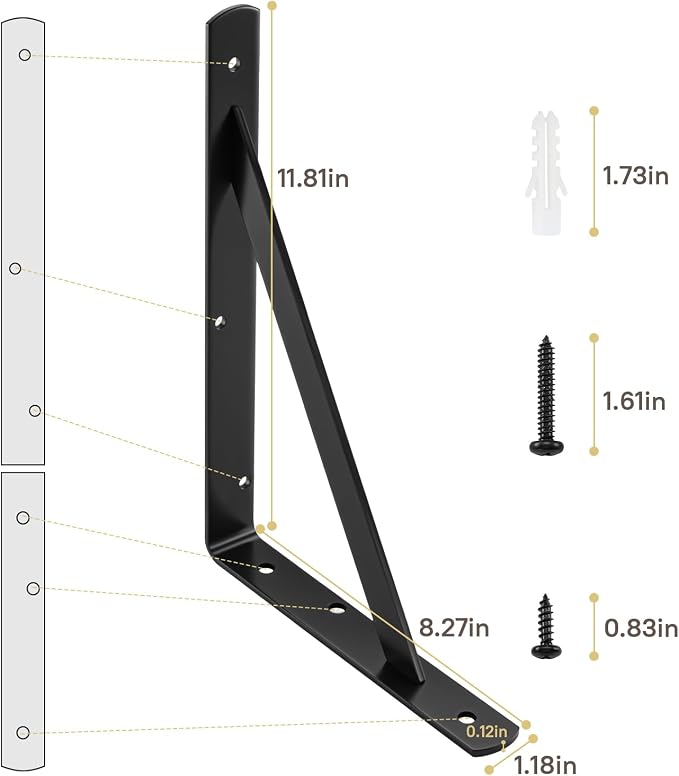 HOME MASTER HARDWARE 12 inch x 8 inch Heavy Duty Shelf Brackets, Load Capacity: 600lb, Black Metal 90 Degree Supports for Shelves 10-Pack, Wall Mounted L Bracket for Floating Shelving with Screws