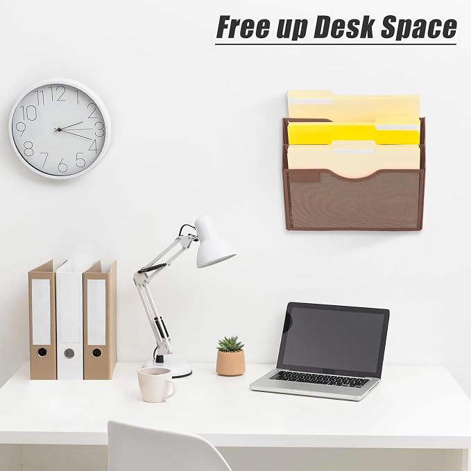 EASEPRES 3 Pocket Mesh Hanging Wall File Organizer, Wall Mounted Mail Paper Document Folder Holder, Clipboard Storage Organization Magazine Rack with Nametag Label for Office Home School, Brown