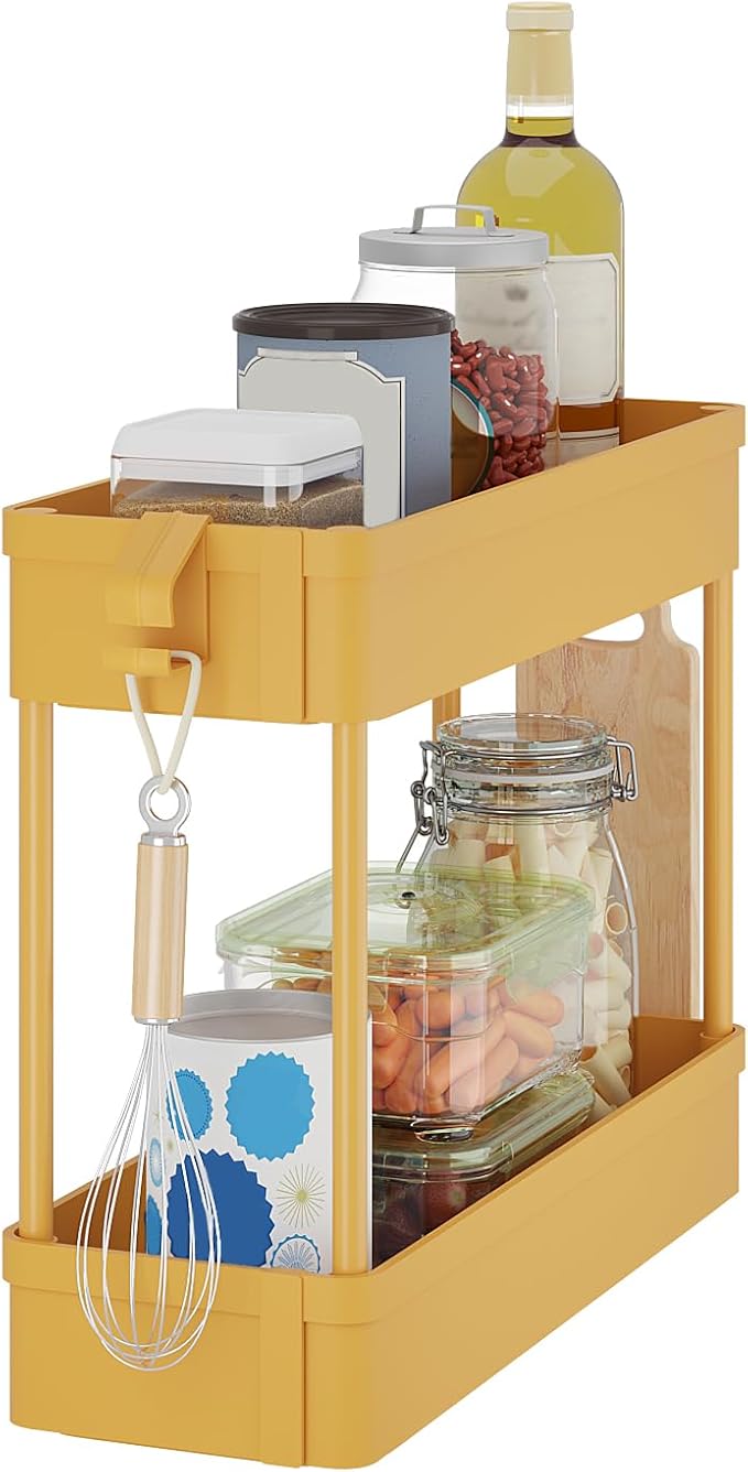 Under Sink Organizers Storage Rack, 2 Tier Under Bathroom Cabinet Shelf Basket, Multi-Purpose Storage Cart with Hooks for Kitchen Bathroom Bedroom Livingroom, Yellow