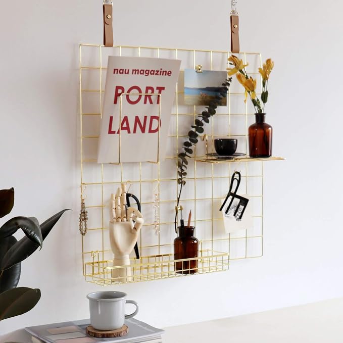 Gold Grid Basket with Hooks,Bookshelf,Display Shelf for Wall Grid Panel,Wall Mount Organizer and Storage Shelf Rack for Home Supplies,1 Set of 3 (Gold)
