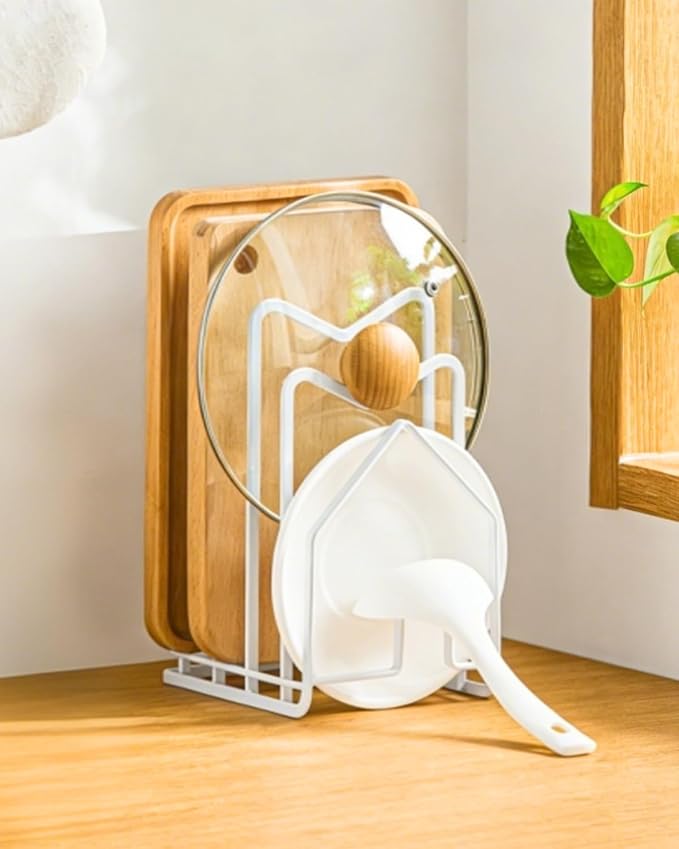 LINFIDITE Cutting Board Rack Chopping Board Organizer Stand Holder Kitchen Countertop Pots Pan Lids Rack Organizer Flat Steel 4.92Lx5.71Wx8.46H in. White