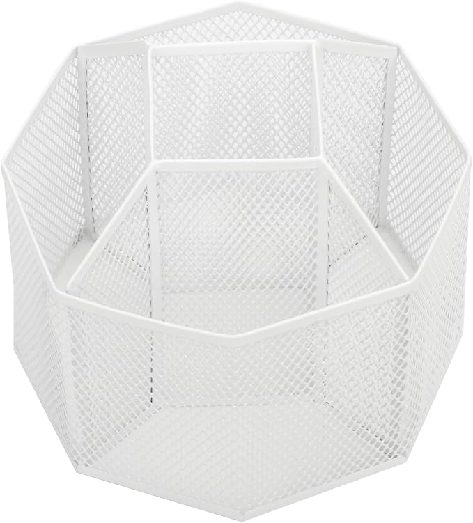 Annova Mesh Desk Organizer Rotate with 5 Compartments Spinning Tidy Candy/Pen Holder Office, Art Supply, Storage, Classroom, Home (White)