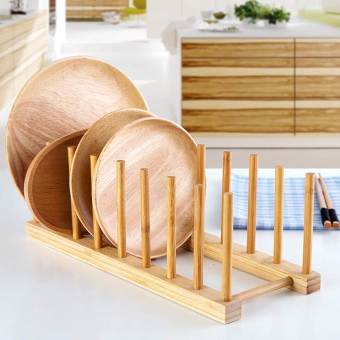 Lawei 4 Pack Bamboo Dish Drying Rack, Plate Rack Stand Pot Lid Holder, Dish Organizer Racks for Plates, Cups, Bowls, Cutting Board, Drying Rack Stand Drainer, Kitchen Cabinet Organizer