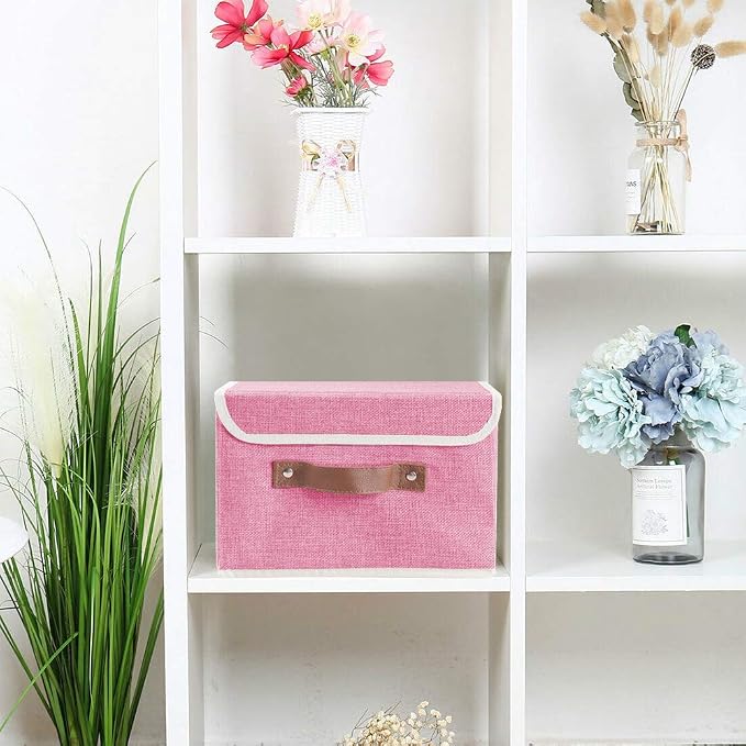 2Pack Storage Bins Boxes with Lids 15"x10"x10" Decorative Storage Baskets | Cotton Linen Fabric, Collapsible, Faux Leather Handles, Storage Cubes, Closet Shelf Clothes Organizer Container, Pink