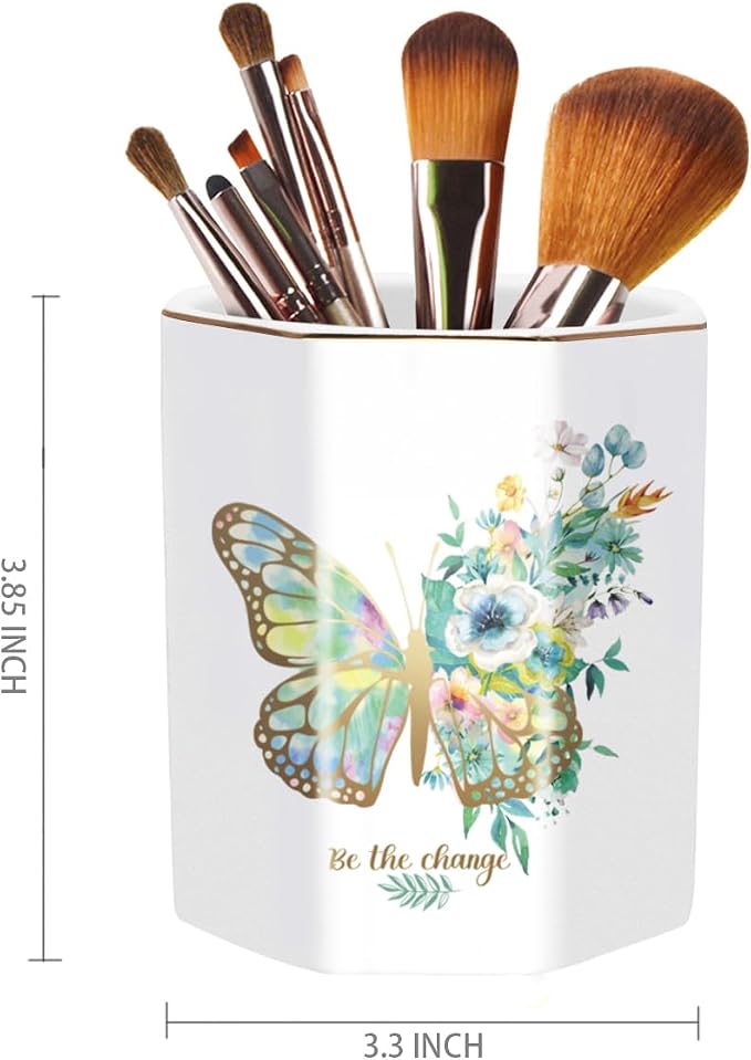 Pencil Pen Holder for Desk, Ceramic Cute Makeup Brush Holder, Desktop Supplies and Accessories for Women Students, Art Supply Caddy, Butterfly Pattern