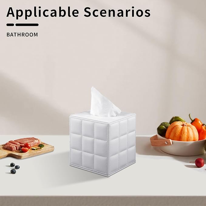 Tissue Box Cover Square Tissue Box Holder PU Leather Facial Organizer with Magnetic Bottom,Decorative Napkin Caddy for Vanity Dresser Night Stand Table Countertop Home Office Car,White