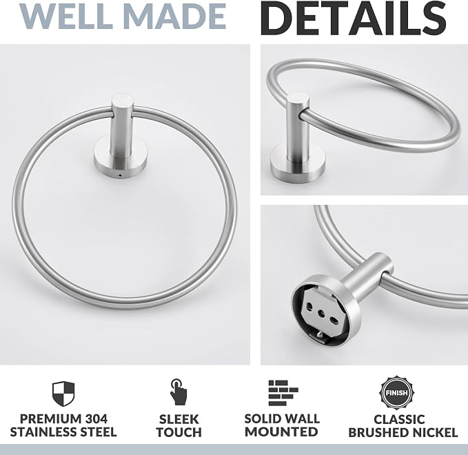 APLusee Bathroom Towel Ring Brushed Nickel, 304 Stainless Steel Hand Towel Holder for Bathroom Kitchen, Single Round Swivel Hanger, Wall Mounted