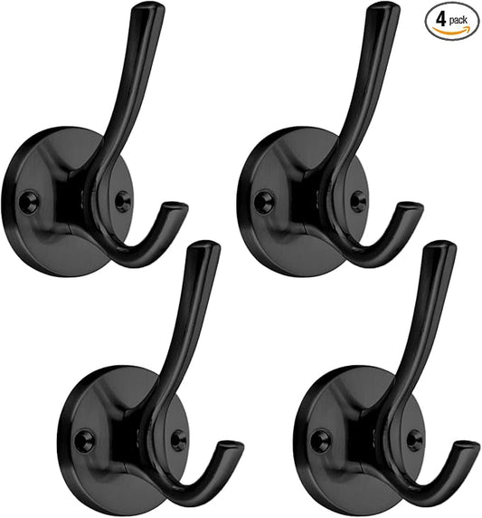 𝑪𝒐𝒂𝒕 𝑯𝒐𝒐𝒌𝒔 Wall Hooks 4 Pcs Towel Hook Heavy Duty Thick Bath Robe Hooks Wall Mount Hooks for Bathroom Kitchen Hotel Bearing 25kg (Black)