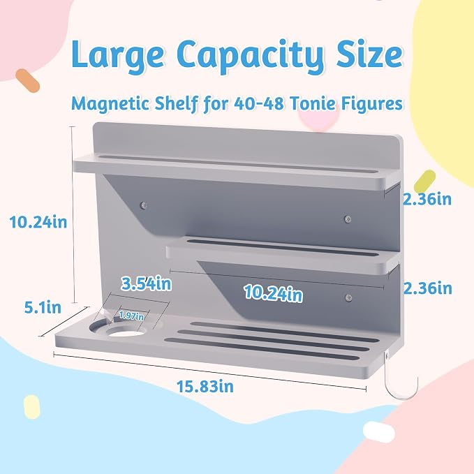 for Tonies Shelf Magnetic - 3 Tier Wooden Tonies Figure Organizer, Grey | Tonies Box Holder, Magnetic Display Shelf for Kids Room, Wall Floating Shelves Toy Storage Compatible Charging Station