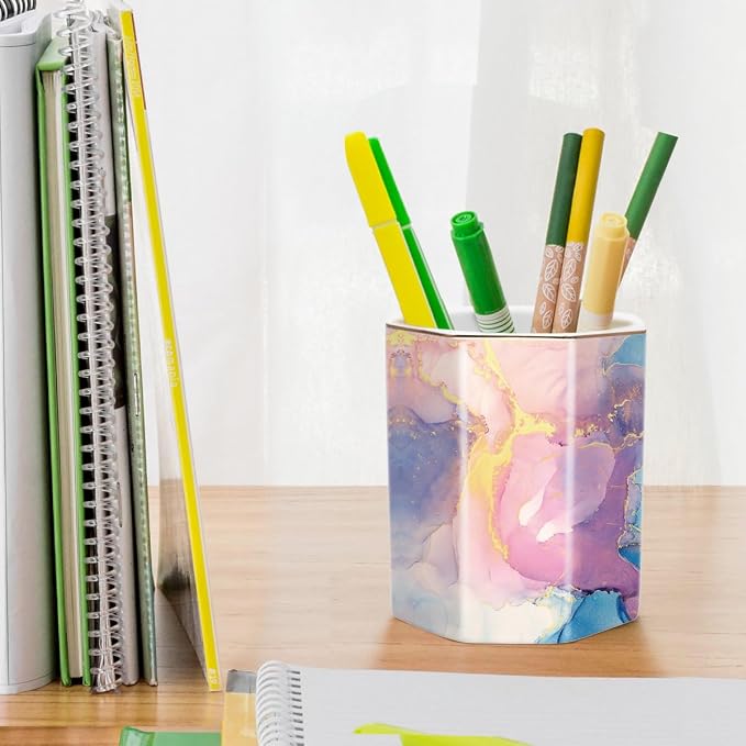 Pen Holder for Desk, Cute Ceramic Pencil Holder, Pen Cup Marker Holder Makeup Brush Holders, Desk Accessories & Workspace Organizers for Office, Home, Gold