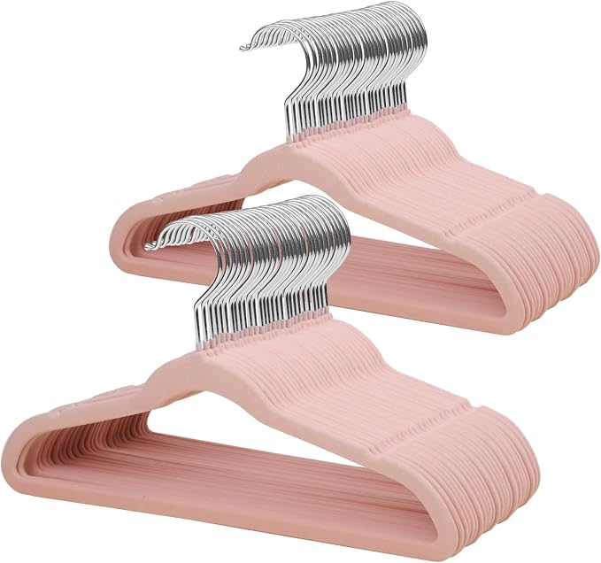 ManGotree 14 Inch Kids Velvet Hangers for Closet, Ultra-Thin Space Saving Children's Clothes Hangers, Non-Slip Felt Toddler Hanger for Youth's Clothes (66 Pack, Light Pink)