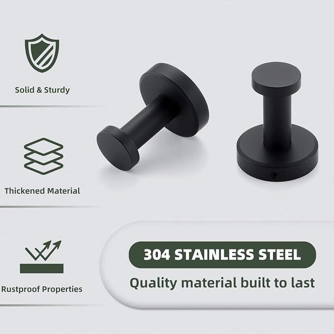 APLusee Matte Black Robe Towel Hook for Bathroom, 2 Pack Stainless Steel Coat Hooks, Heavy Duty Wall Hangers Wall Mounted