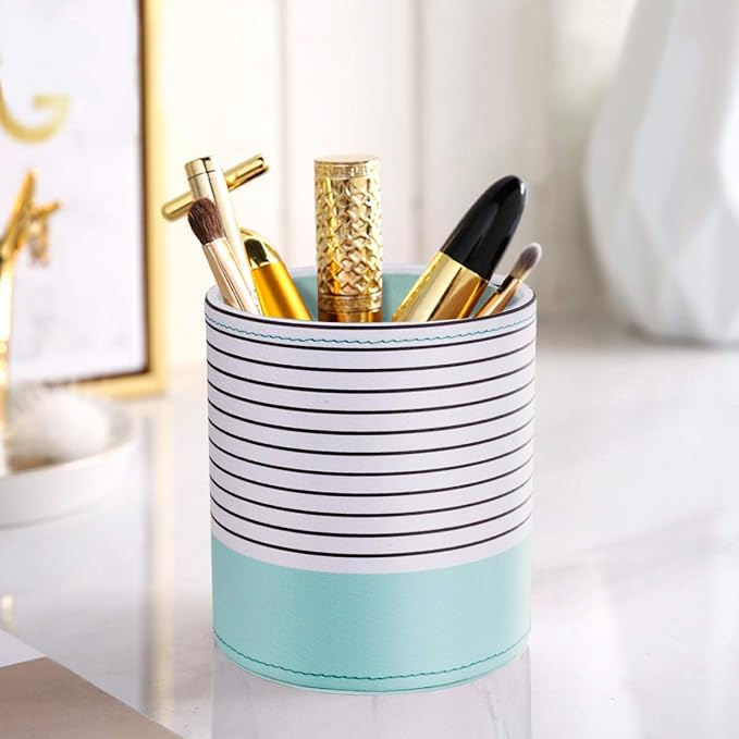 Pen Holder, Pencil Cup Pot Desk Organizer Multi Purpose Use Cute for Adults Kids Luxury Leather Makeup Brush Holder for Home, Office, Classroom, Stripes Mint Green