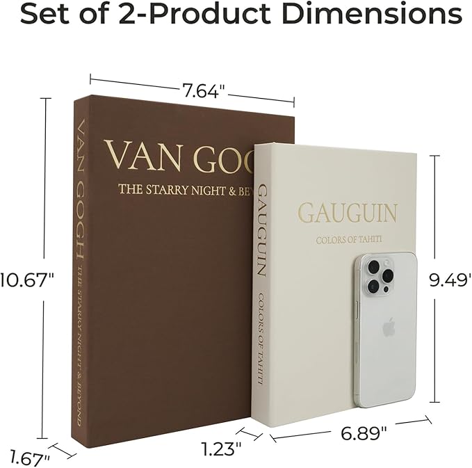 Decorative Books for Home Decor - Stackable Faux Book Box for Coffee Table Styling & Hidden Storage - Neutral Linen Fake Books as Display Riser for Shelf & Entryway (Set of 2, Van Gogh Art)